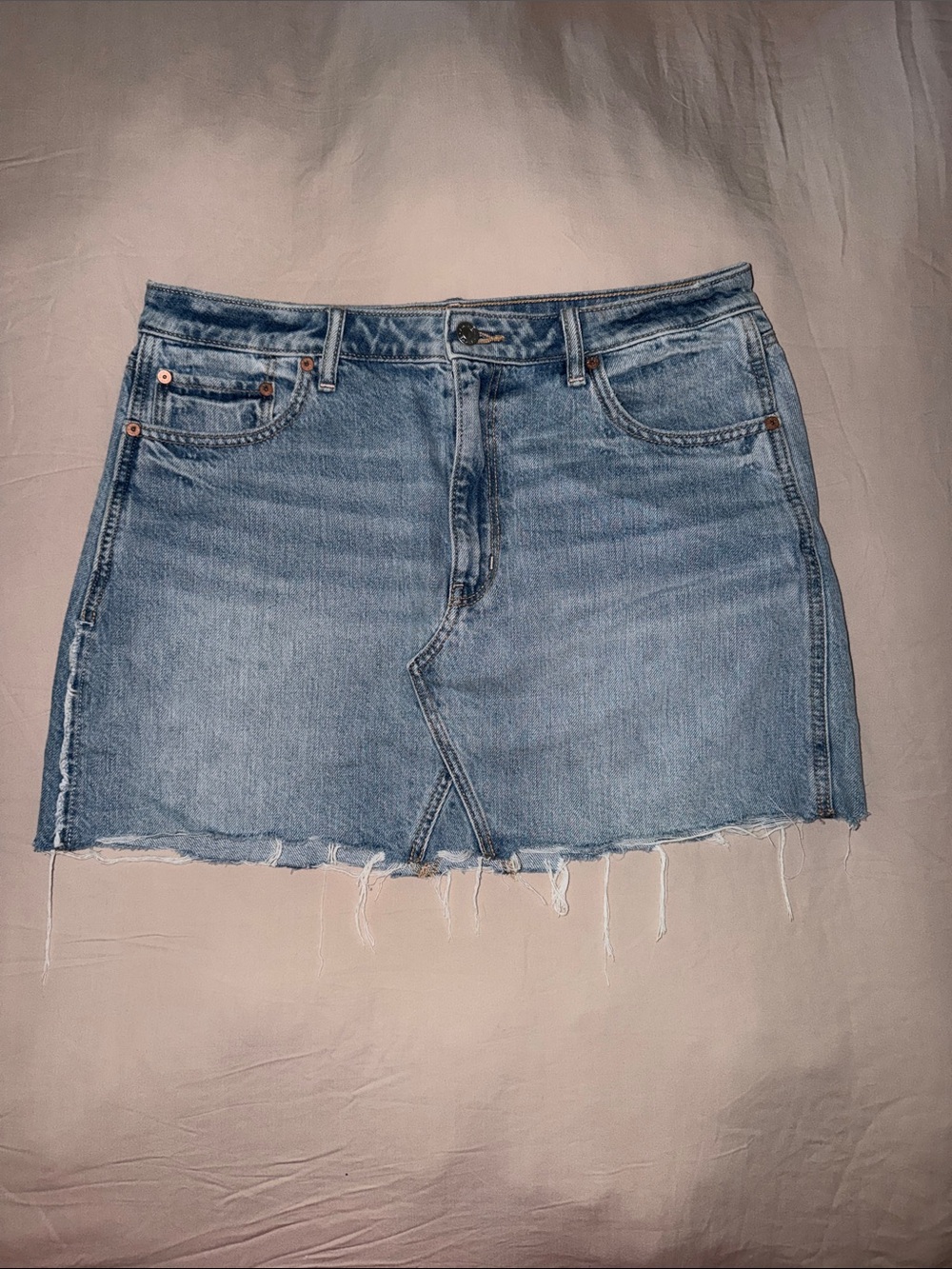 American Eagle Outfitters Light Blue Denim Mini Skirt with Frayed Hem
